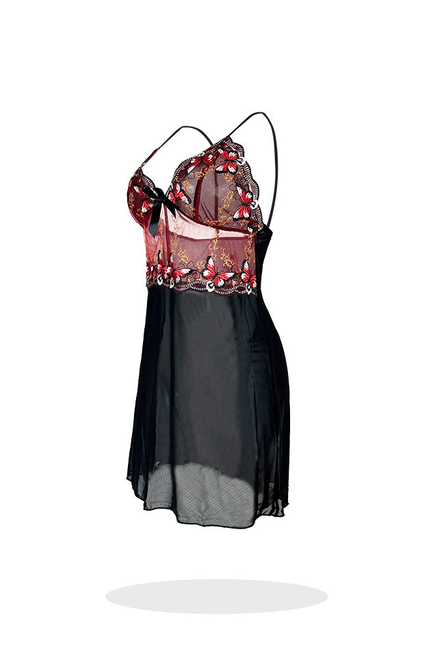 Langry fashion black lace camisole nightdress with sheer floral overlay