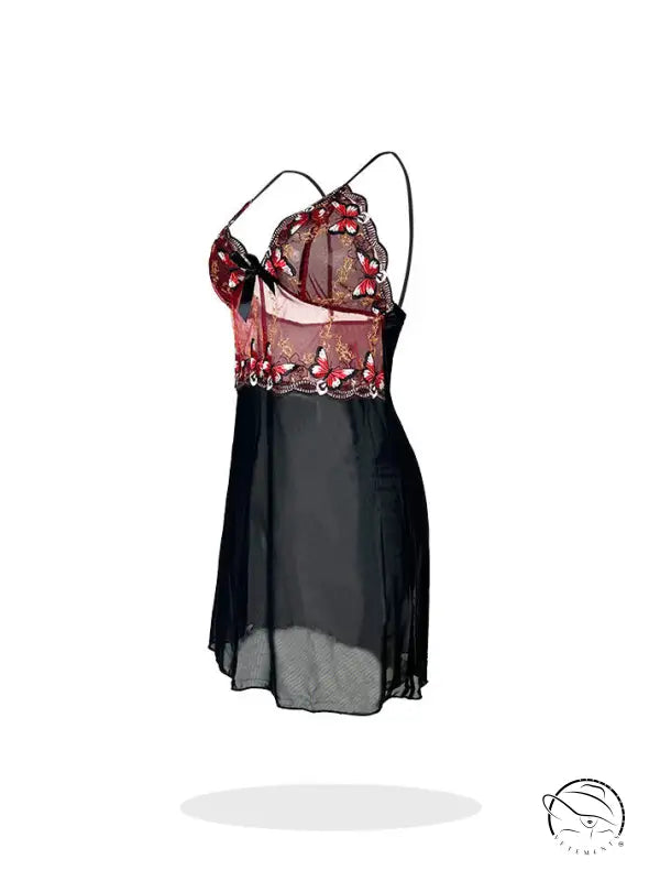 Black lace Butterfly camisole with sheer floral overlay, langry fashion nightdress