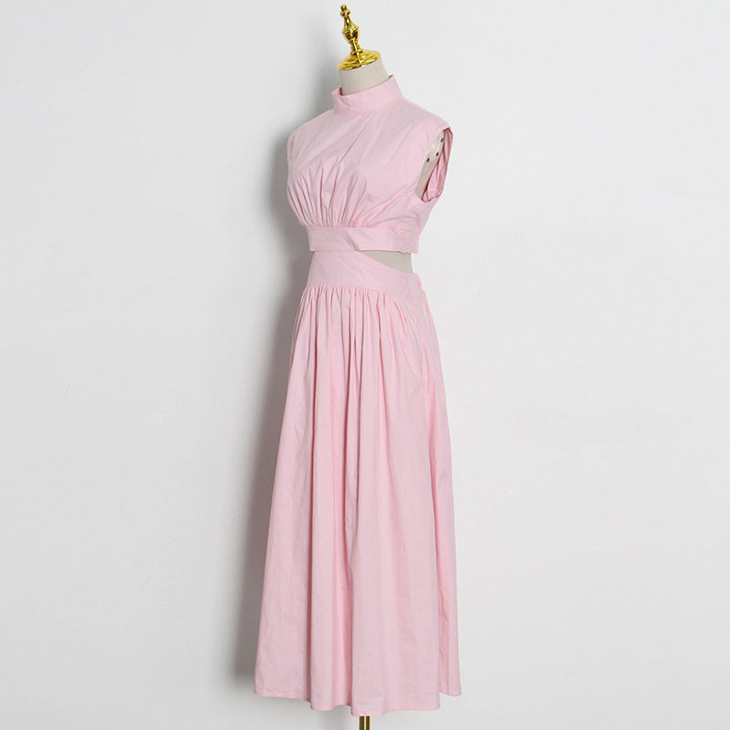 Pink high-neck cutout vacation dress with stand collar, sleeveless and slimming fit