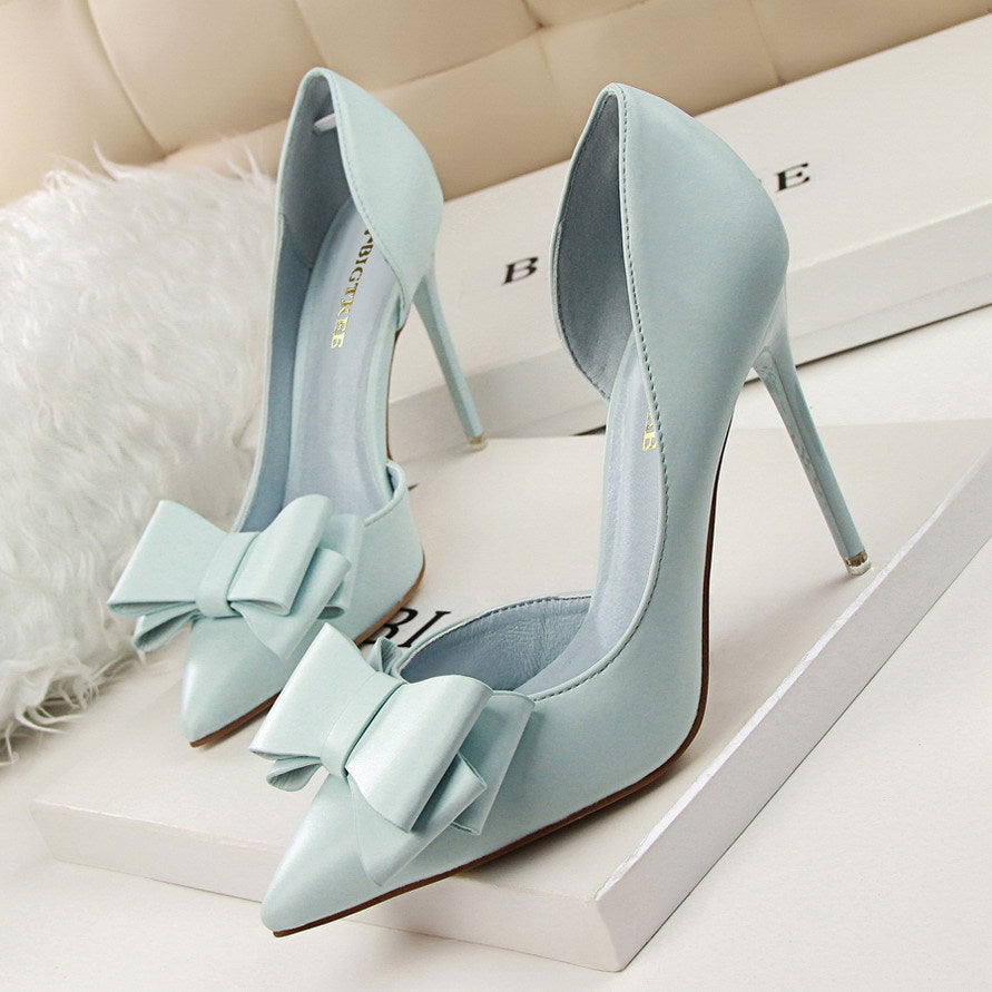 Pale blue Fashionable Sweet Bowknot High Heels showcasing stylish decorative bows