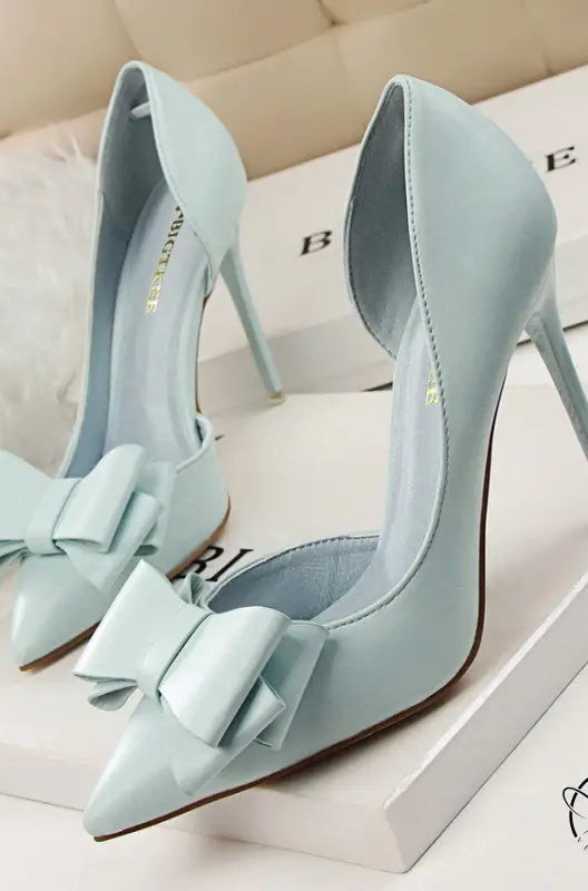 Pale blue Langry fashion stiletto heels with sweet bowknot toes