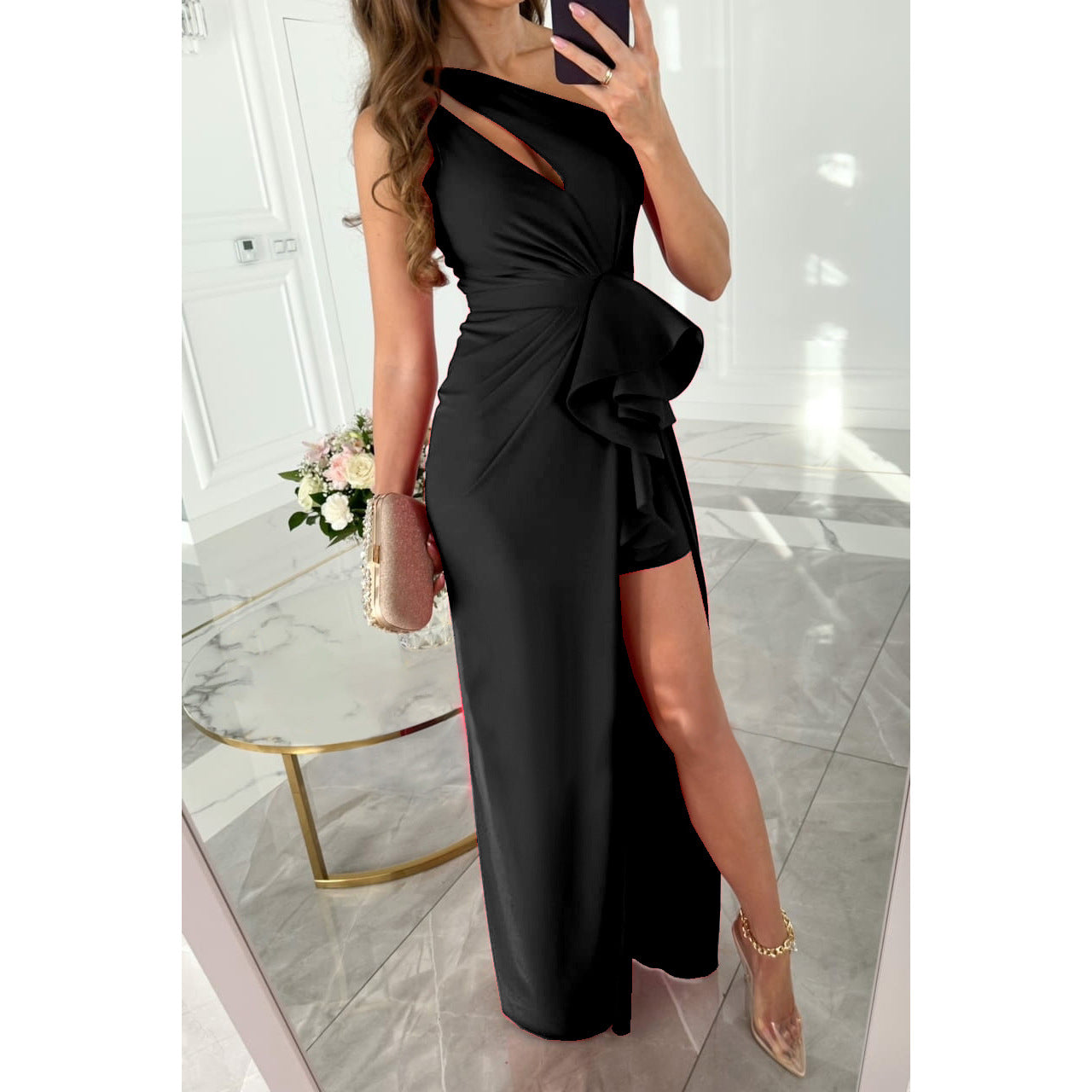 Black one-shoulder dress with shorts and bow from BEAUTIFUL MULTI COLOR DRESS collection