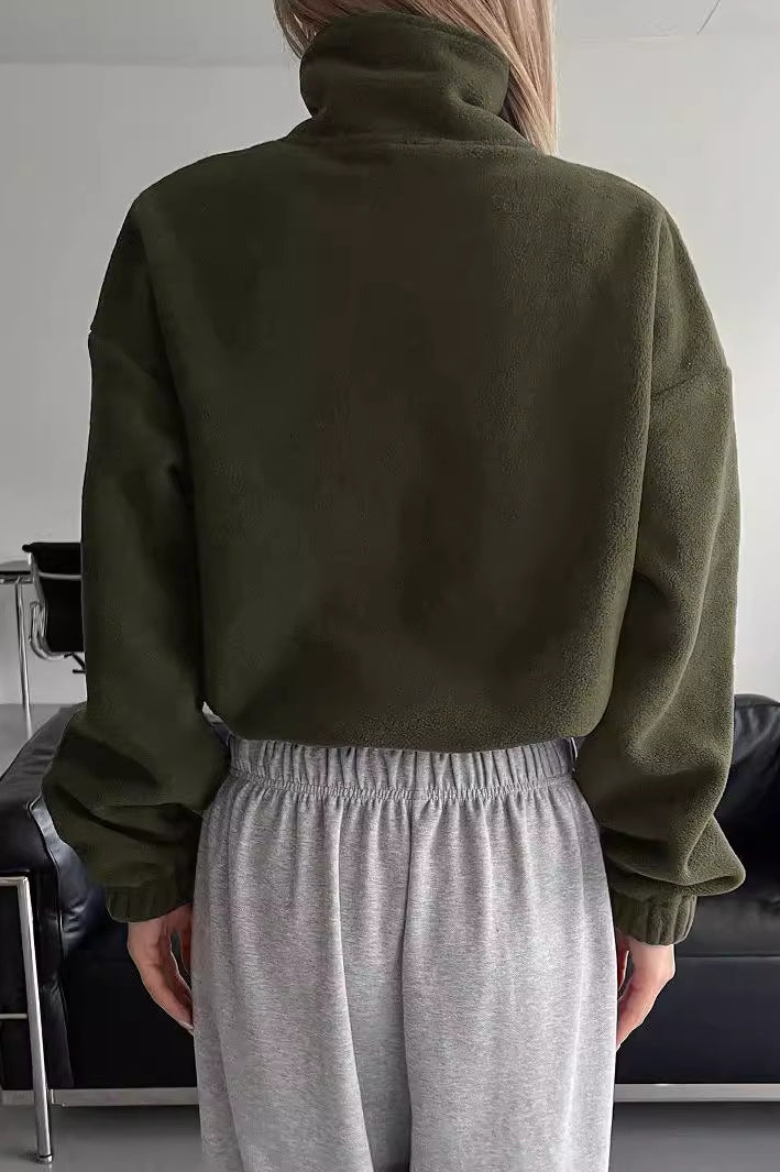 Langry olive green cropped fleece sweatshirt with high collar and elastic cuffs in fashion ملابس