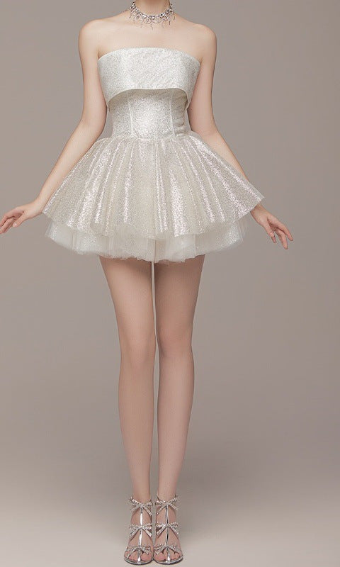 Elegant off Shoulder Short Dress featuring a strapless white sequined design in fashion