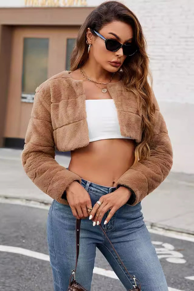 Langry ultra short faux fur coat in tan quilted plush design