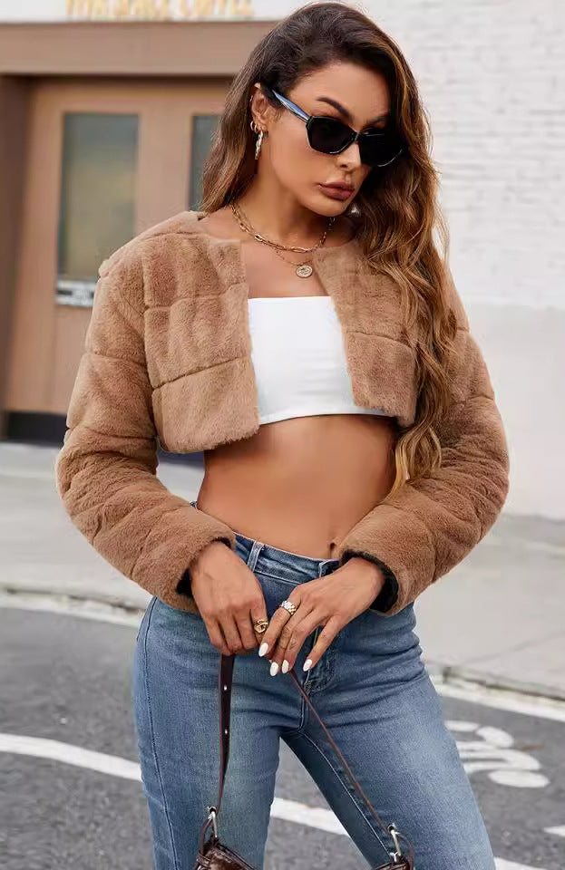 Langry ultra short faux fur coat in tan quilted plush design