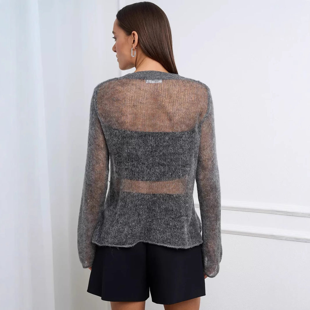 Semi-sheer grey knit sweater with mesh panels, perfect for trendy langry fashion ملابس