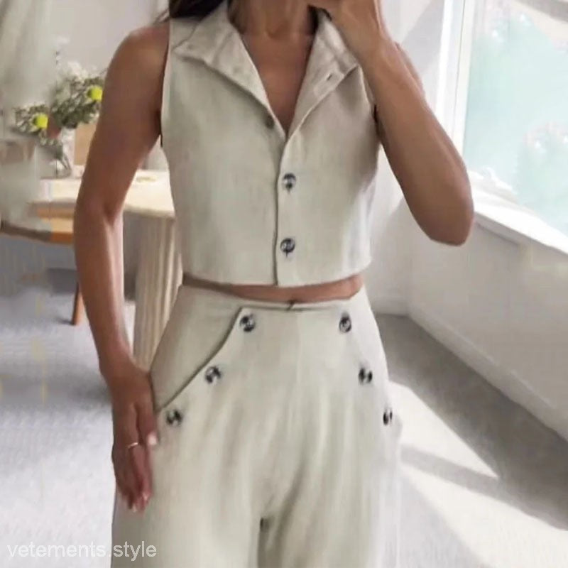 Ella Casual Loose Set featuring a matching beige crop top and pants for a relaxed look