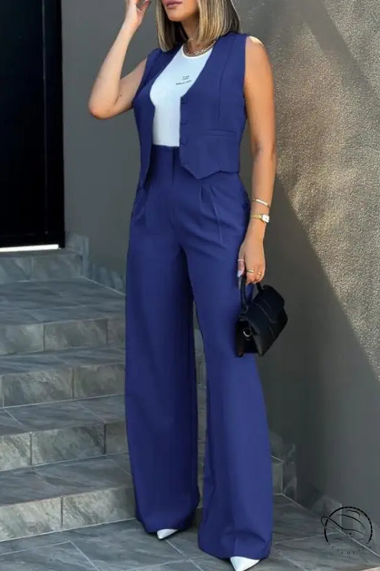 Elegant vest jacket wide leg pants set in blue sleeveless design