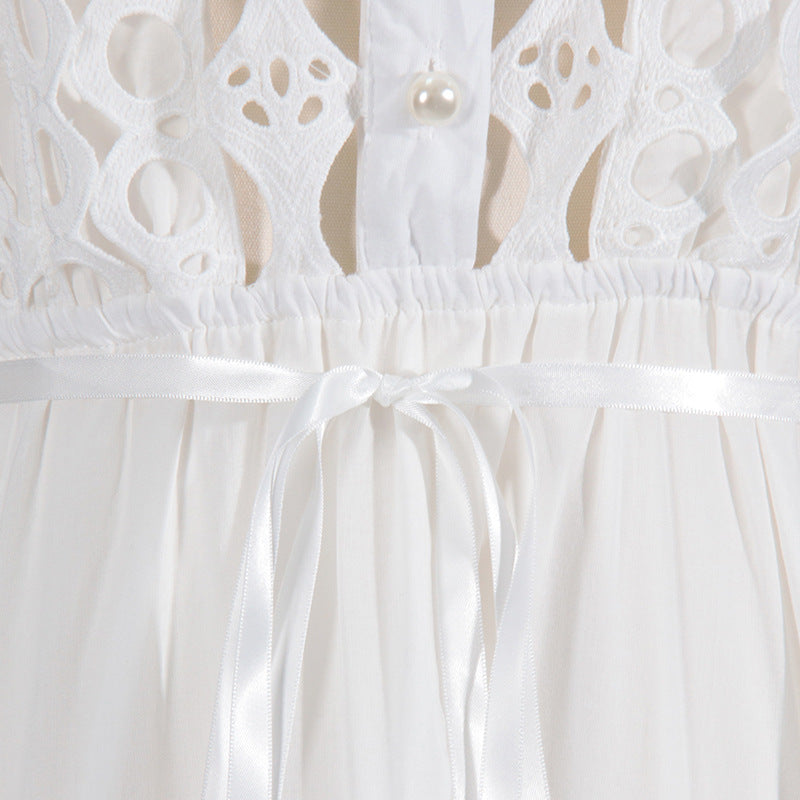 Elegant white lace dress with ribbon featuring stand collar and fashionable design