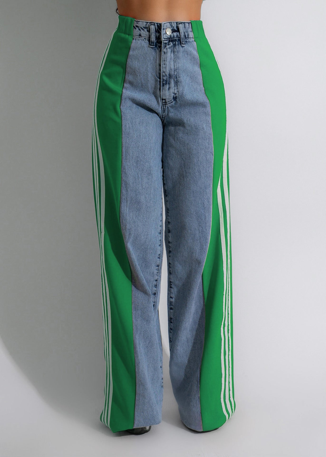 Wide-leg denim jeans with green side panels and white stripes in trendy fashion ملابس
