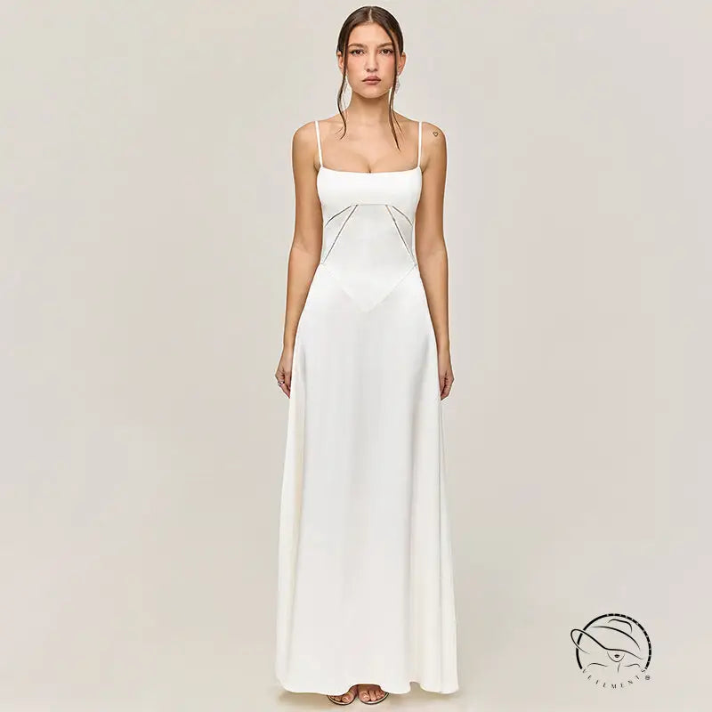 Elegant white spaghetti strap backless evening dress in langry fashion