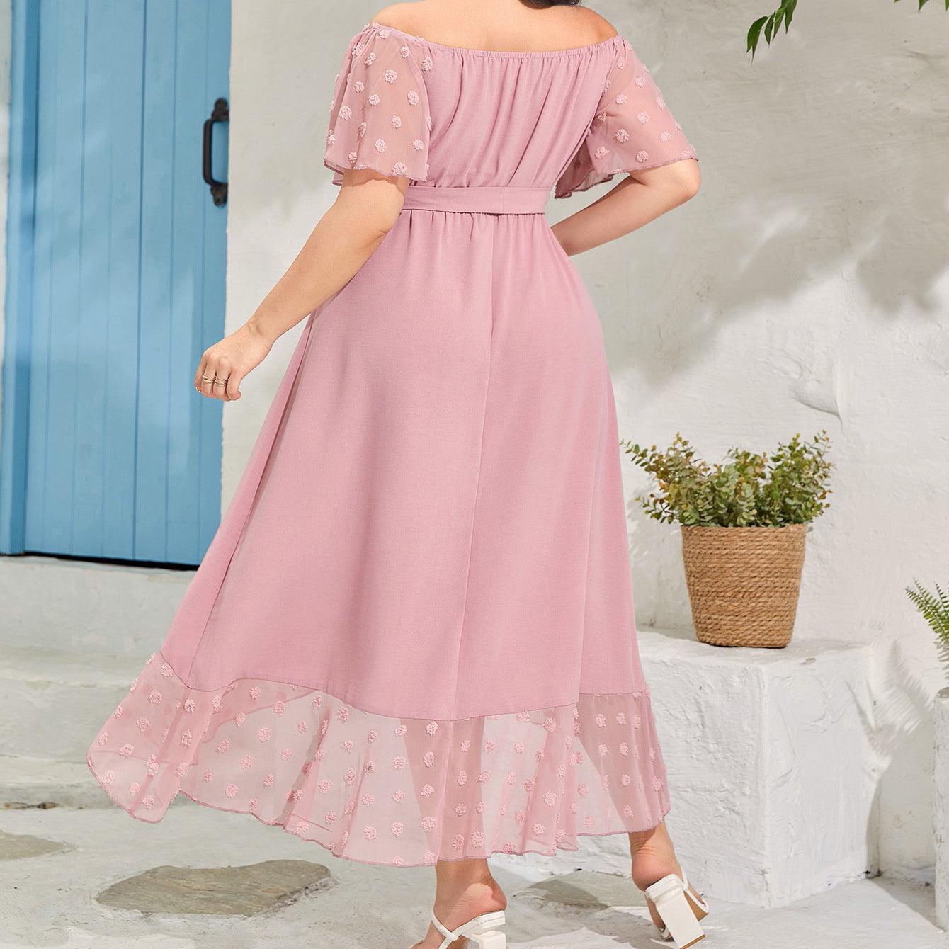 Beautiful off Shoulder Dress in dusty pink with tie-waist and sheer dotted ruffle hem, perfect for fashionable langry ملابس