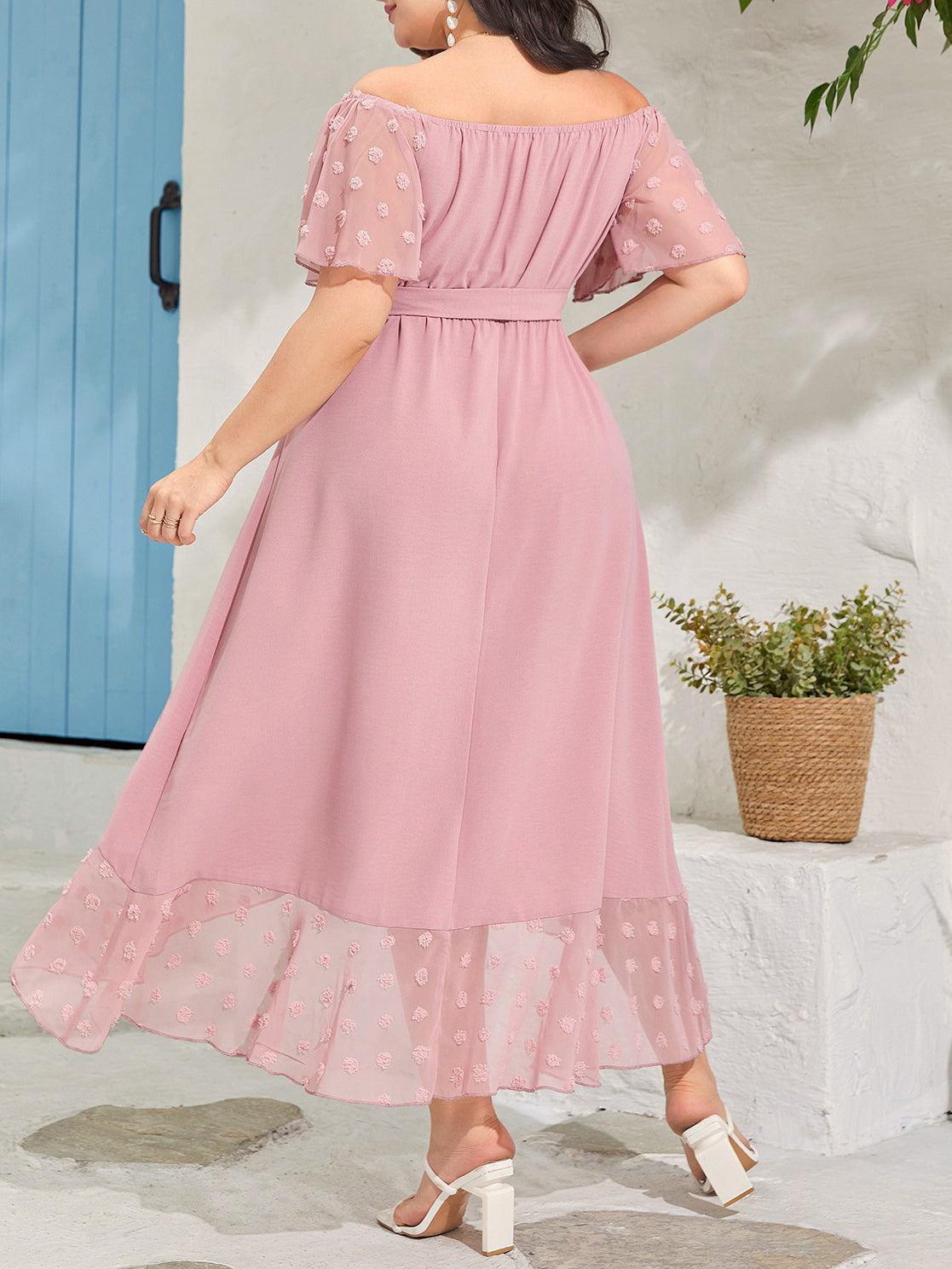 Beautiful off Shoulder Dress in dusty pink with tie-waist and sheer dotted ruffle hem, perfect for fashionable langry ملابس