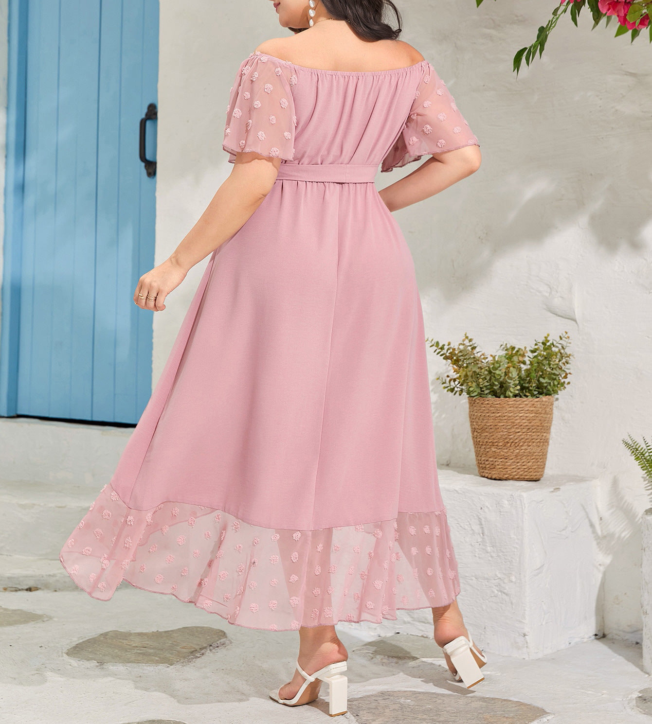 Beautiful off Shoulder Dress in dusty pink with tie-waist and sheer dotted ruffle hem, perfect for fashionable langry ملابس