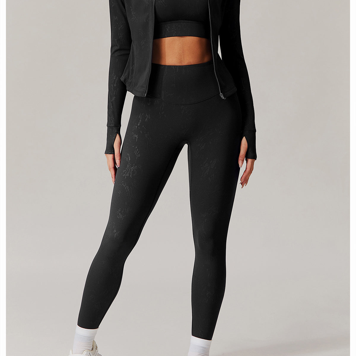 Black athletic jacket, sports bra, and leggings set from Quick Drying Breathable Yoga Wear Coat, perfect for langry fashion and ملابس