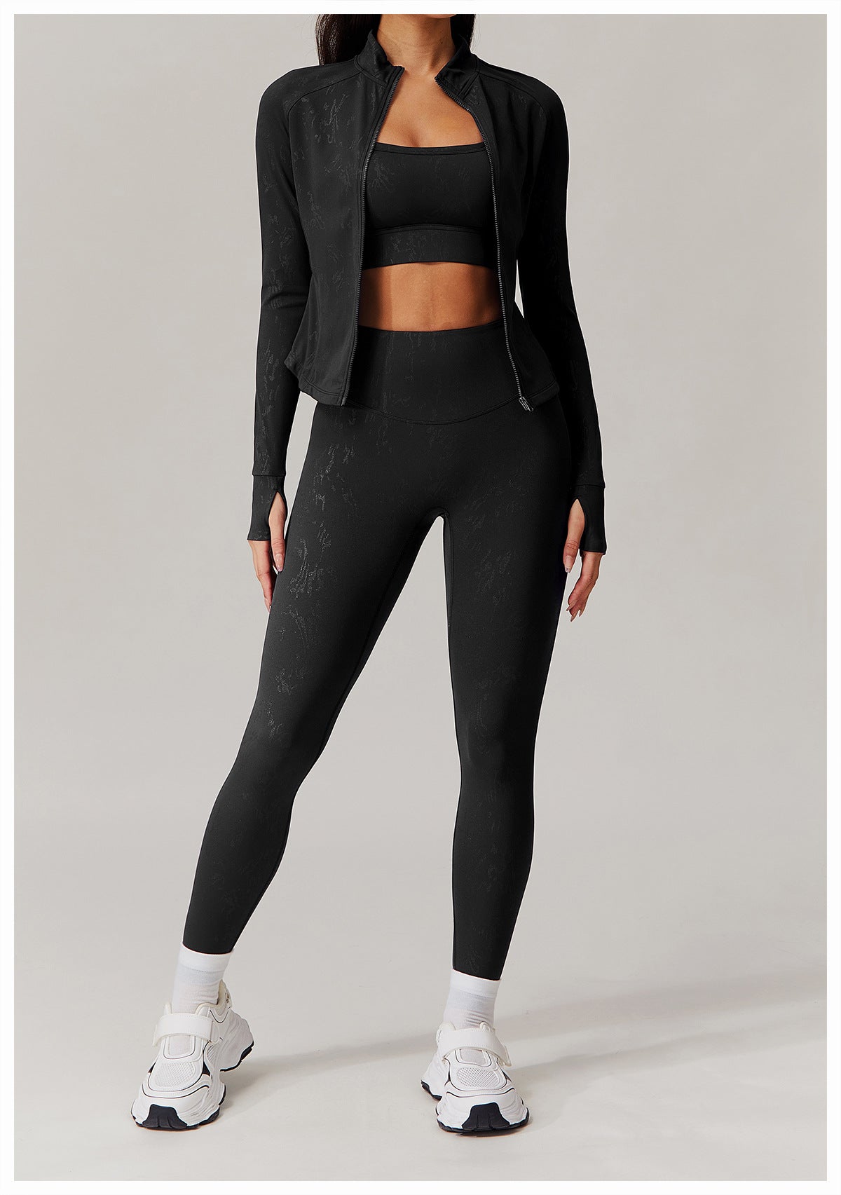 Black athletic jacket, sports bra, and leggings set from Quick Drying Breathable Yoga Wear Coat, perfect for langry fashion and ملابس