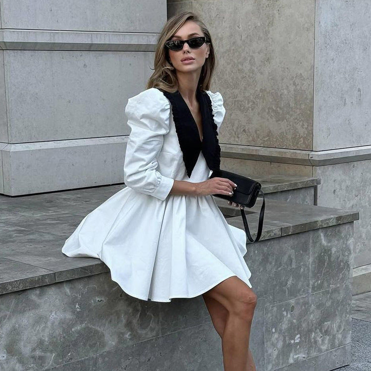White mini dress with black collar in French Black White Short Dress for stylish fashion ملابس