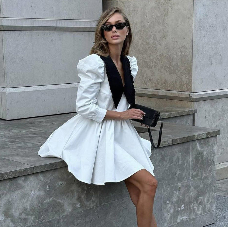 White mini dress with black collar in French Black White Short Dress for stylish fashion ملابس