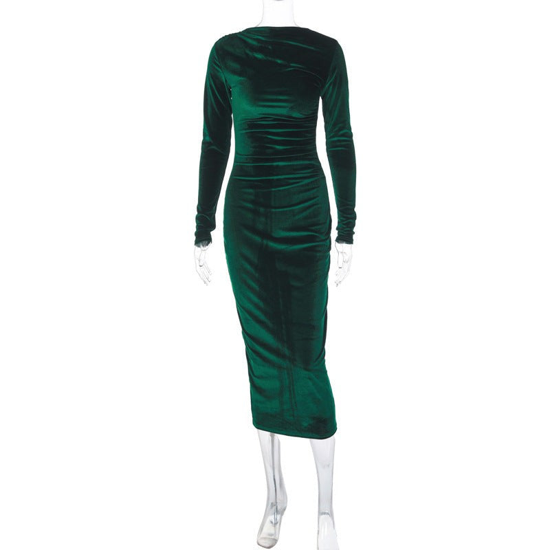 Emerald green velvet slim pleated dress, sexy and elegant midi pleated dress for women