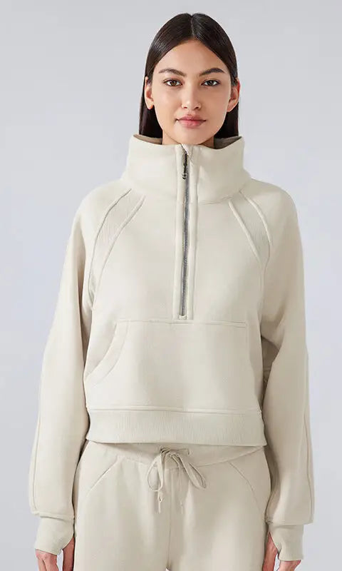 Beige half zipper high stand collar thermal fleece sweater