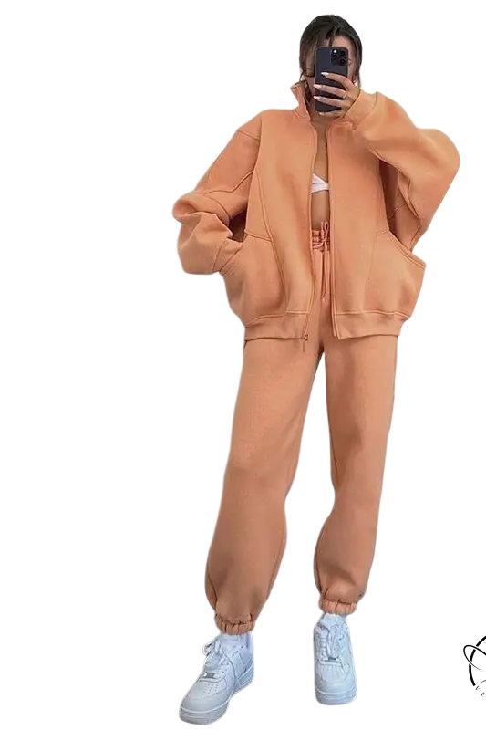 Comfy stand collar cardigan sweater suit in peach
