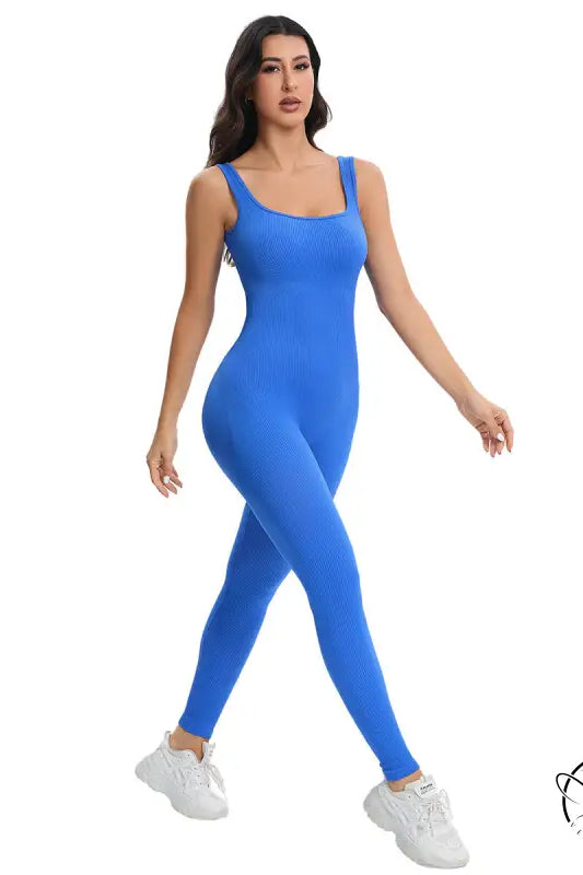 Vibrant royal blue ribbed langry fashion bodysuit with square neckline