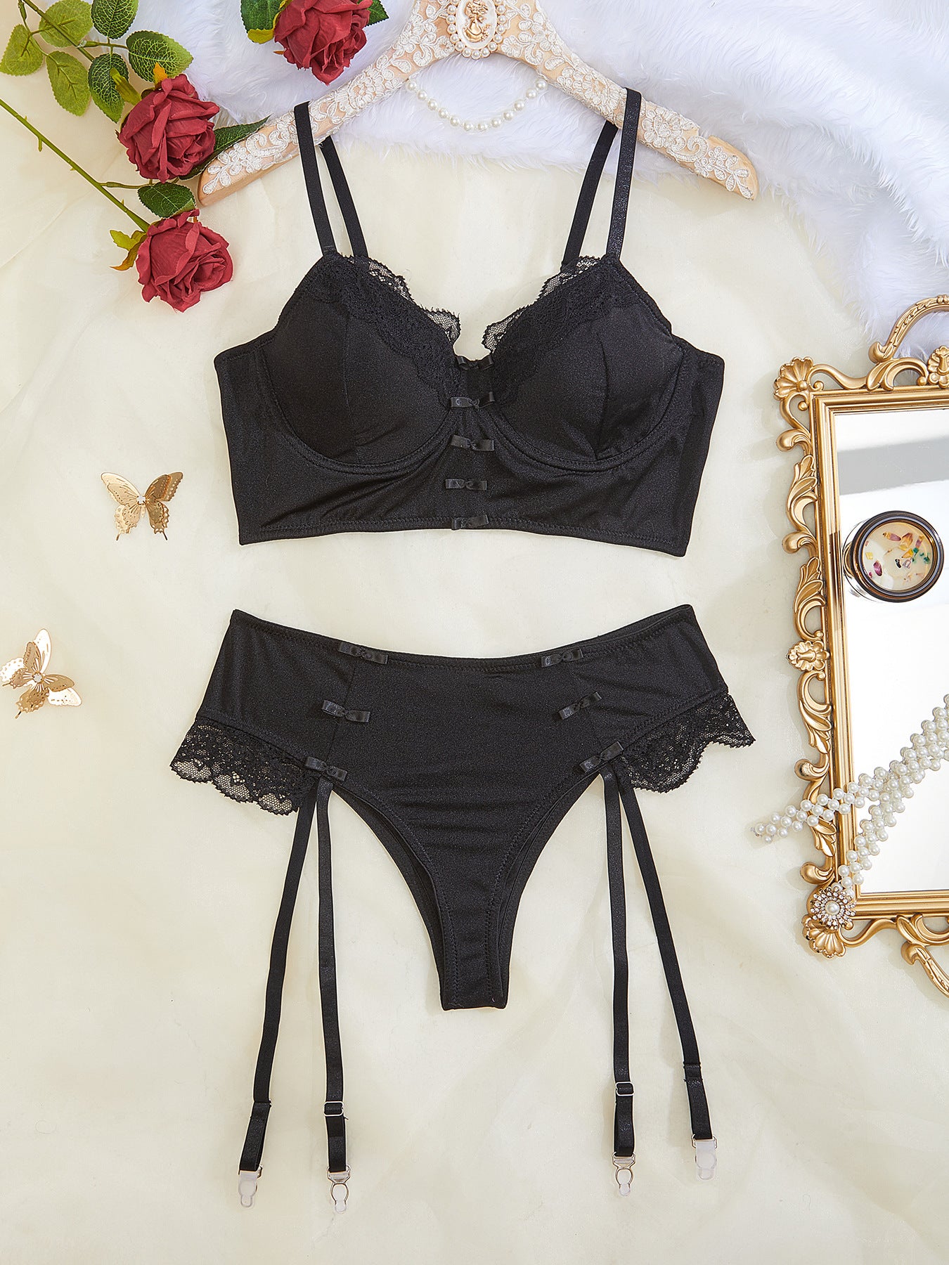 Black lingerie set from Underwear Lace See-through Temptation Bra T Back Two Piece Set emphasizing fashion and ملابس
