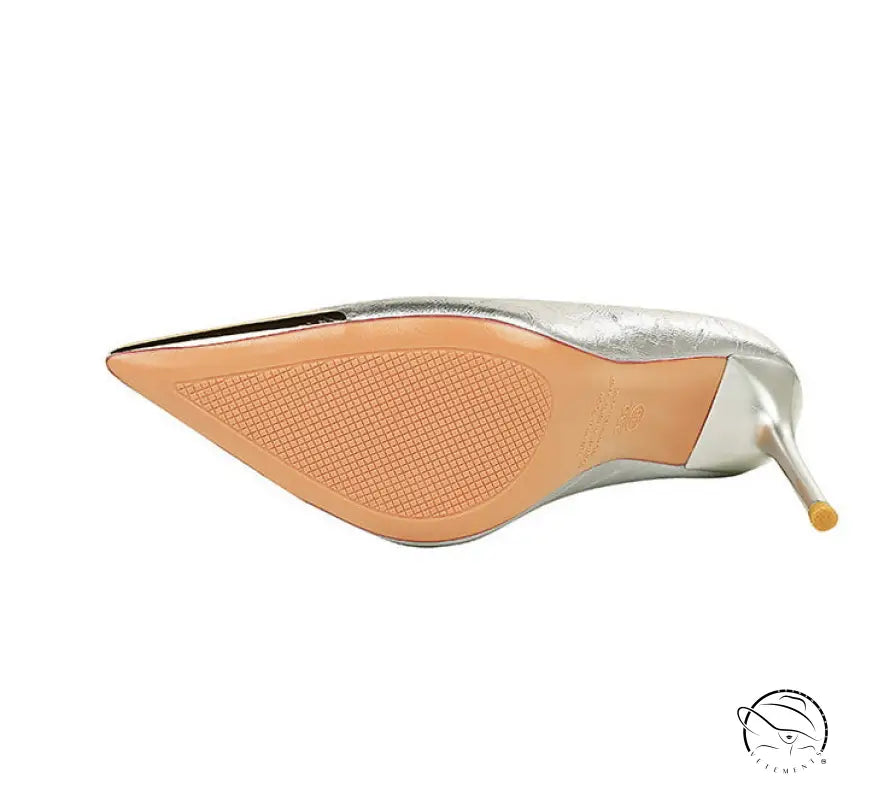 Silver metal pointed super high heel shoe with textured sole by Langry