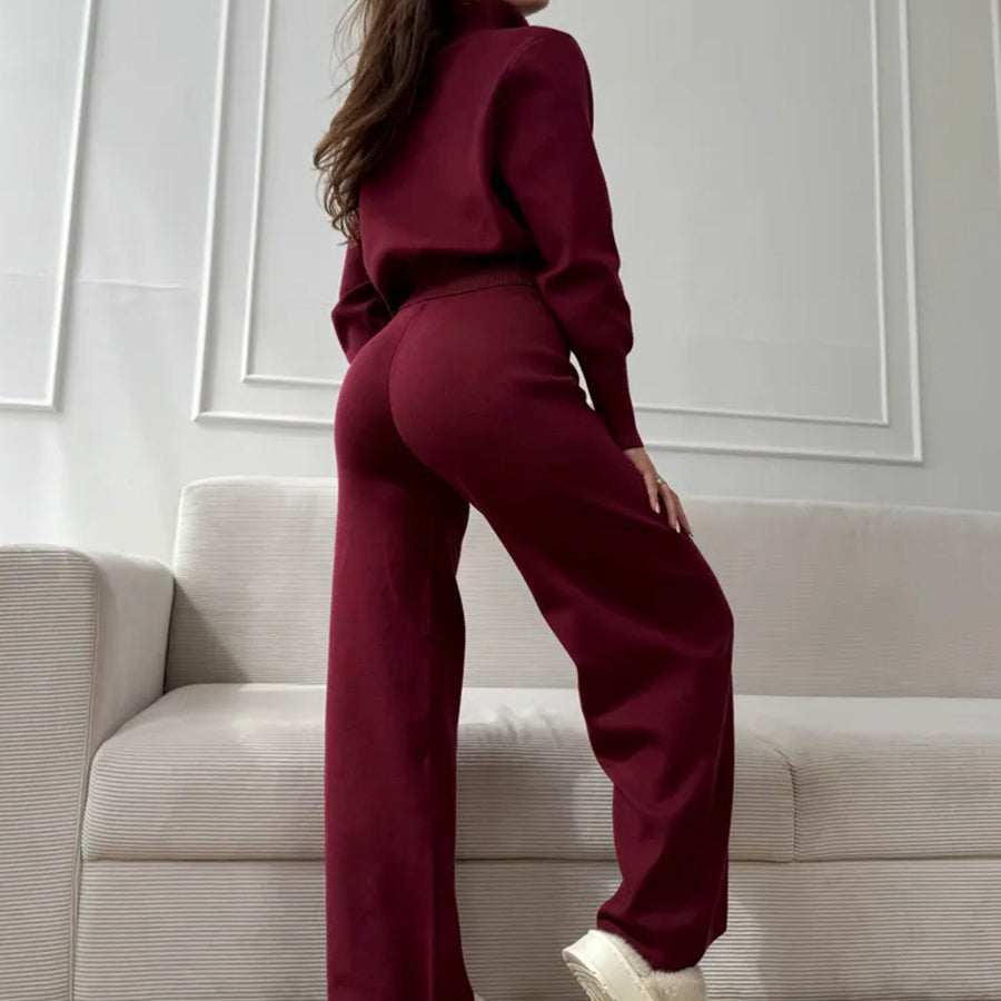 Langry fashion ملابس: burgundy wide-leg pants with white sneakers and glasses