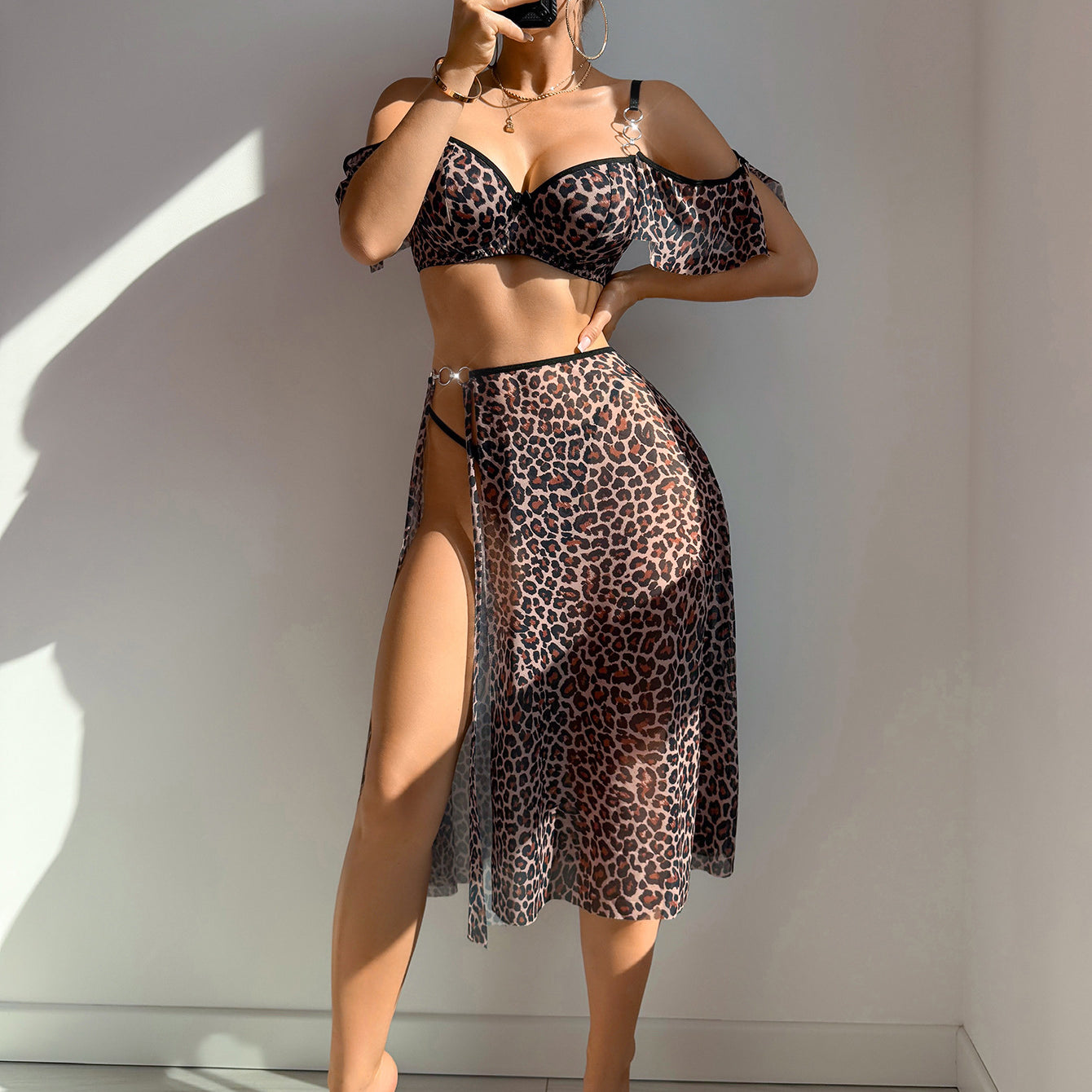 Gorgeous mesh leopard print lingerie set with sheer skirt and bralette