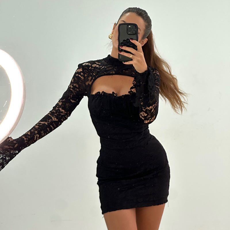 Black lace-sleeved bodycon dress with chest cutout detail for elegant fashion ملابس