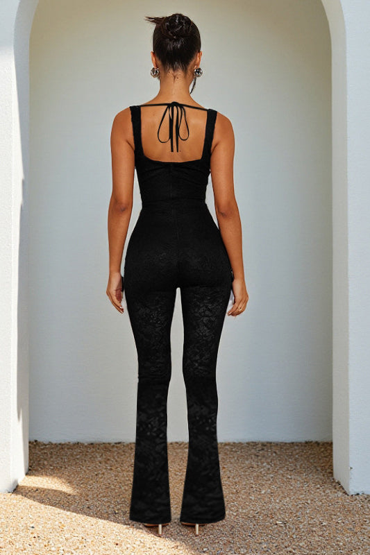 Elegant langry fashion black lace jumpsuit with tie-back and flared legs