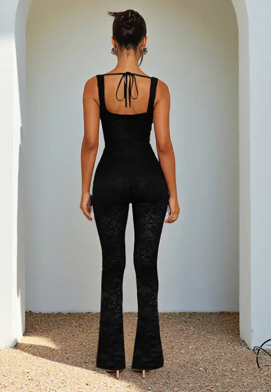 Elegant langry fashion black lace jumpsuit with tie-back and flared legs