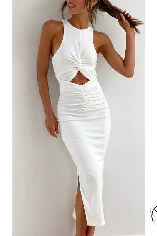 White sleeveless midi dress in stunning slim fit slit langry fashion