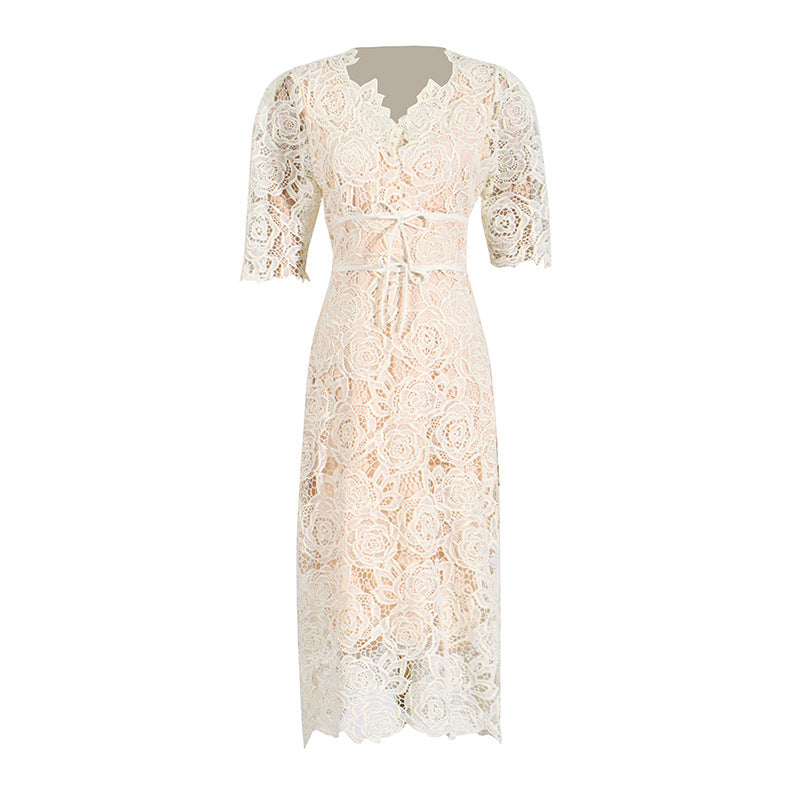 Cream-colored lace midi dress with short sleeves and a tie waist for elegant summer fashion