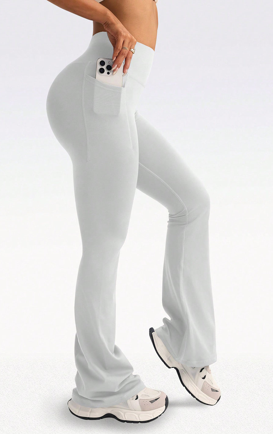 Light gray high-waisted flared langry yoga pants with phone pocket