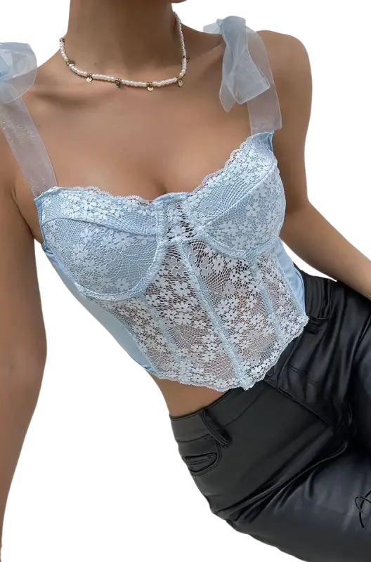 Sky blue boning corset top in light blue lace design