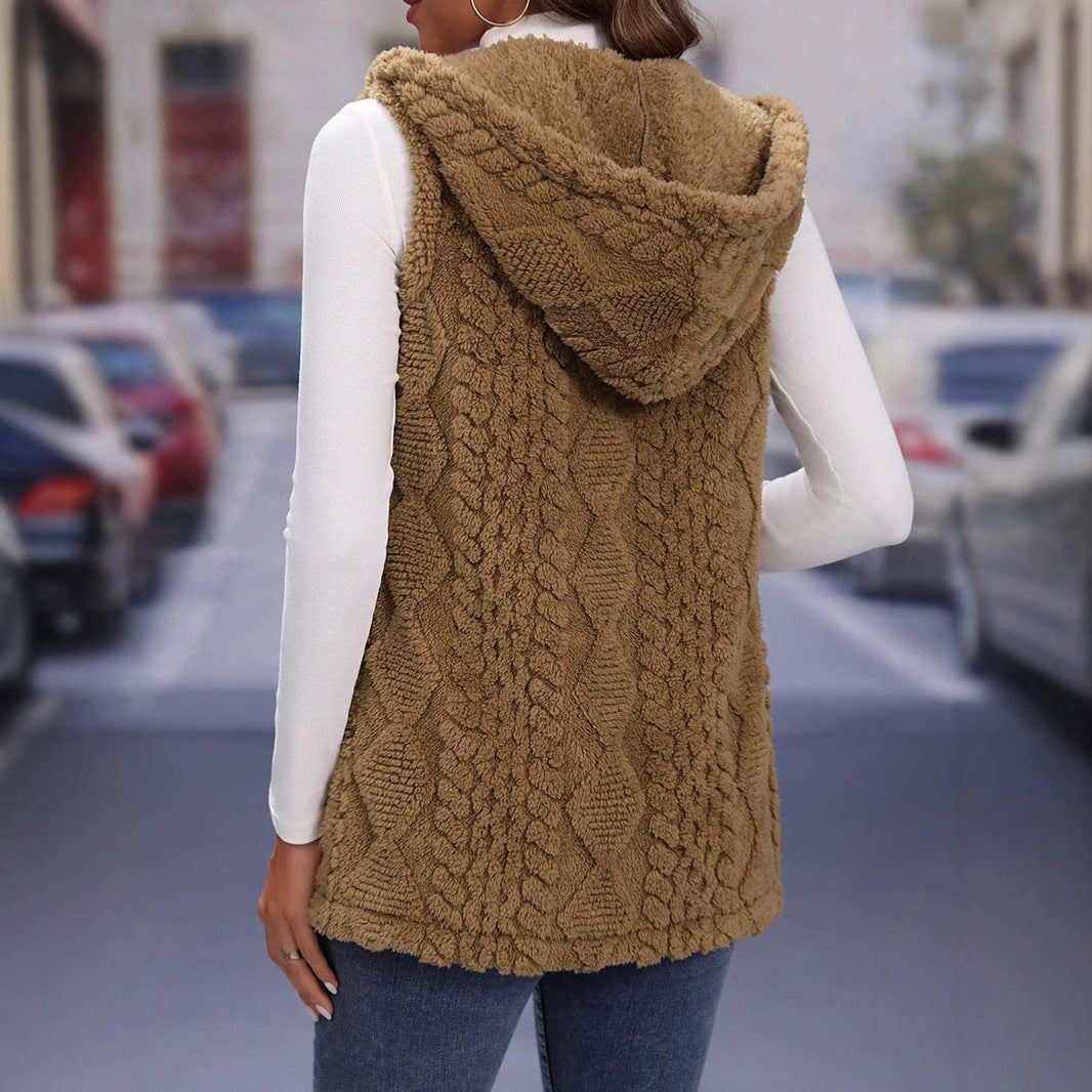 Langry fashion brown hooded vest with cable knit and faux fur lining