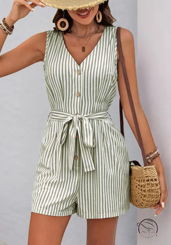 Sleeveless green and white striped beautiful summer jumpsuit with v-neck and waist tie