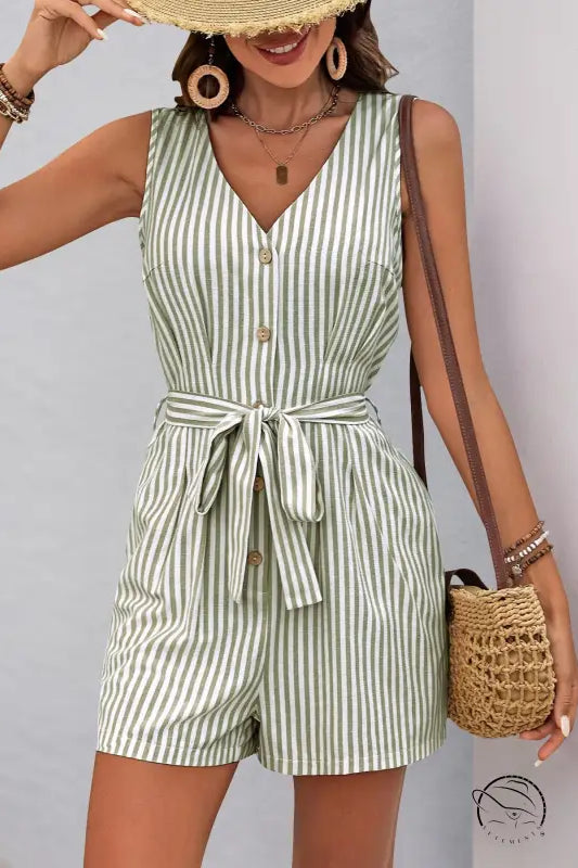 Sleeveless green and white striped beautiful summer jumpsuit with v-neck and waist tie