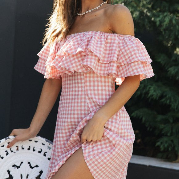 Elegant Plaid Off-shoulder Ruffled Collar Dress