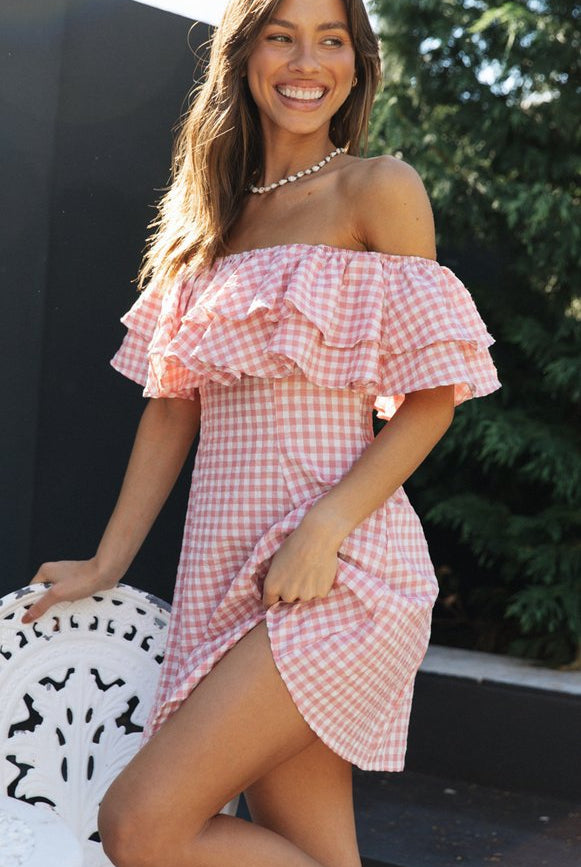 Elegant Plaid Off-shoulder Ruffled Collar Dress
