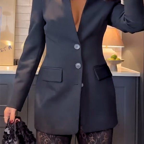 Black blazer dress with patterned tights from Casual Loose Lace Two Piece Set in fashion ملابس