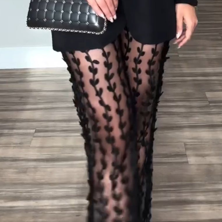 Black sheer pants with leaf pattern from Casual Loose Party Two Piece Set, fashionable ملابس