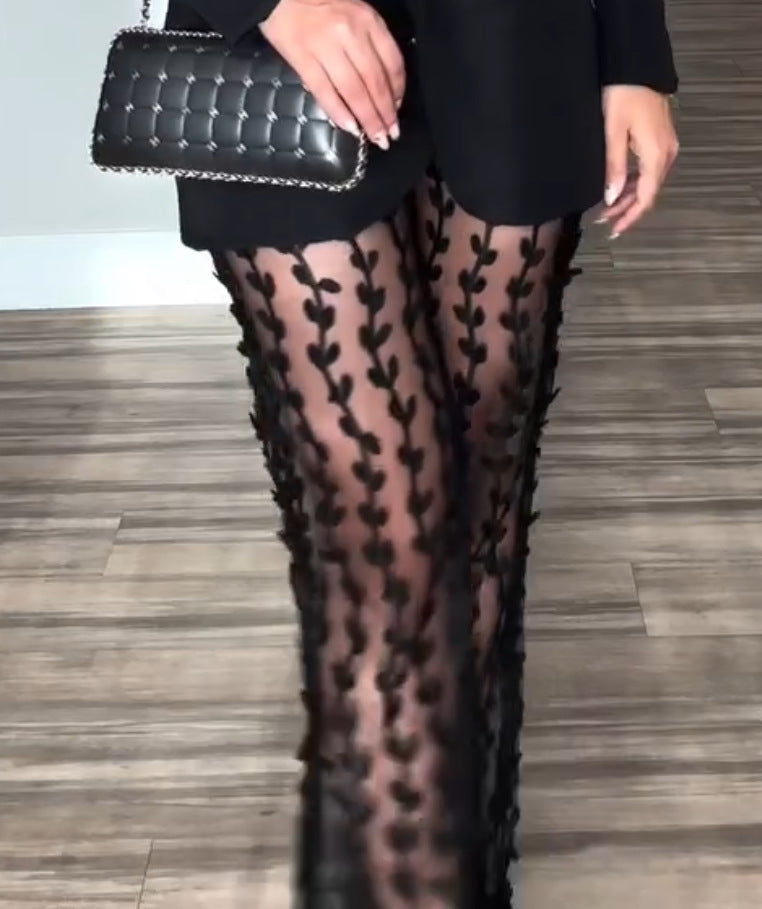 Black sheer pants with leaf pattern from Casual Loose Party Two Piece Set, fashionable ملابس