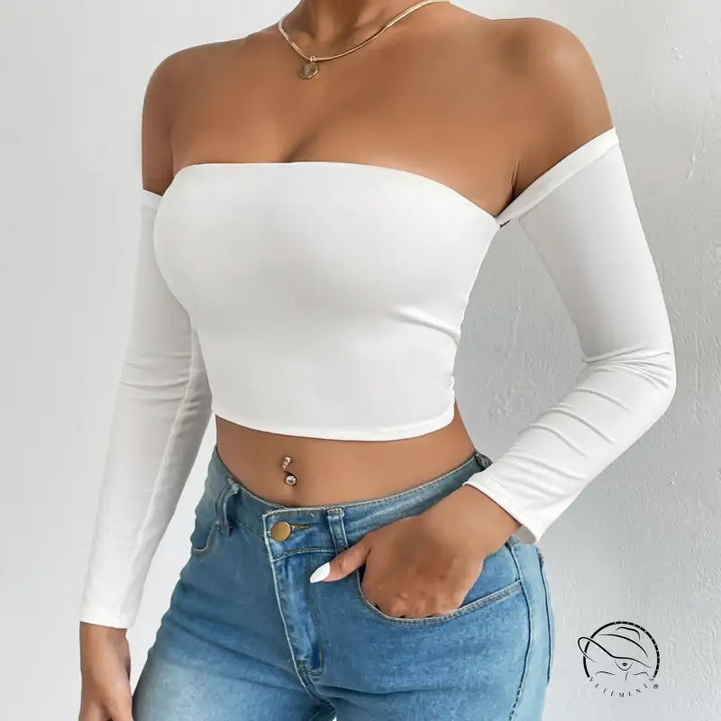 White off-the-shoulder camisole waist trimming short sleeve crop top