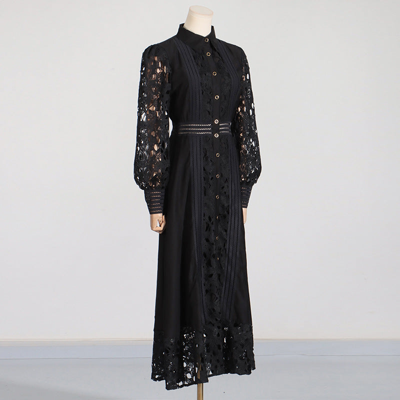 Elegant black lace maxi dress showcasing stylish embroidery and hollow out design for women