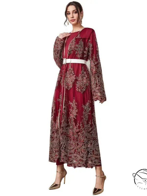 Maroon embroidered langry fashion maxi dress with gold floral patterns and white belt