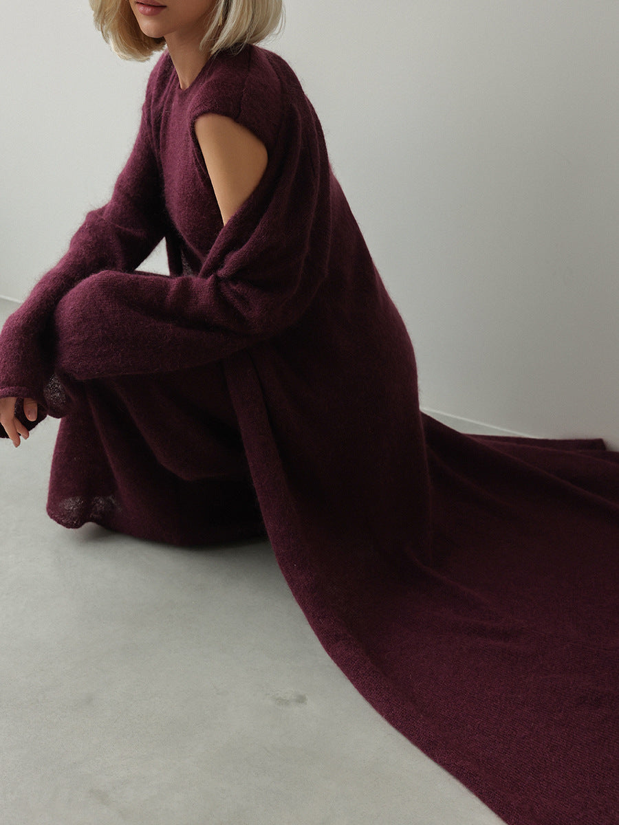Maroon knitted cardigan sleeveless dress with lace long sleeves and cut-out shoulders